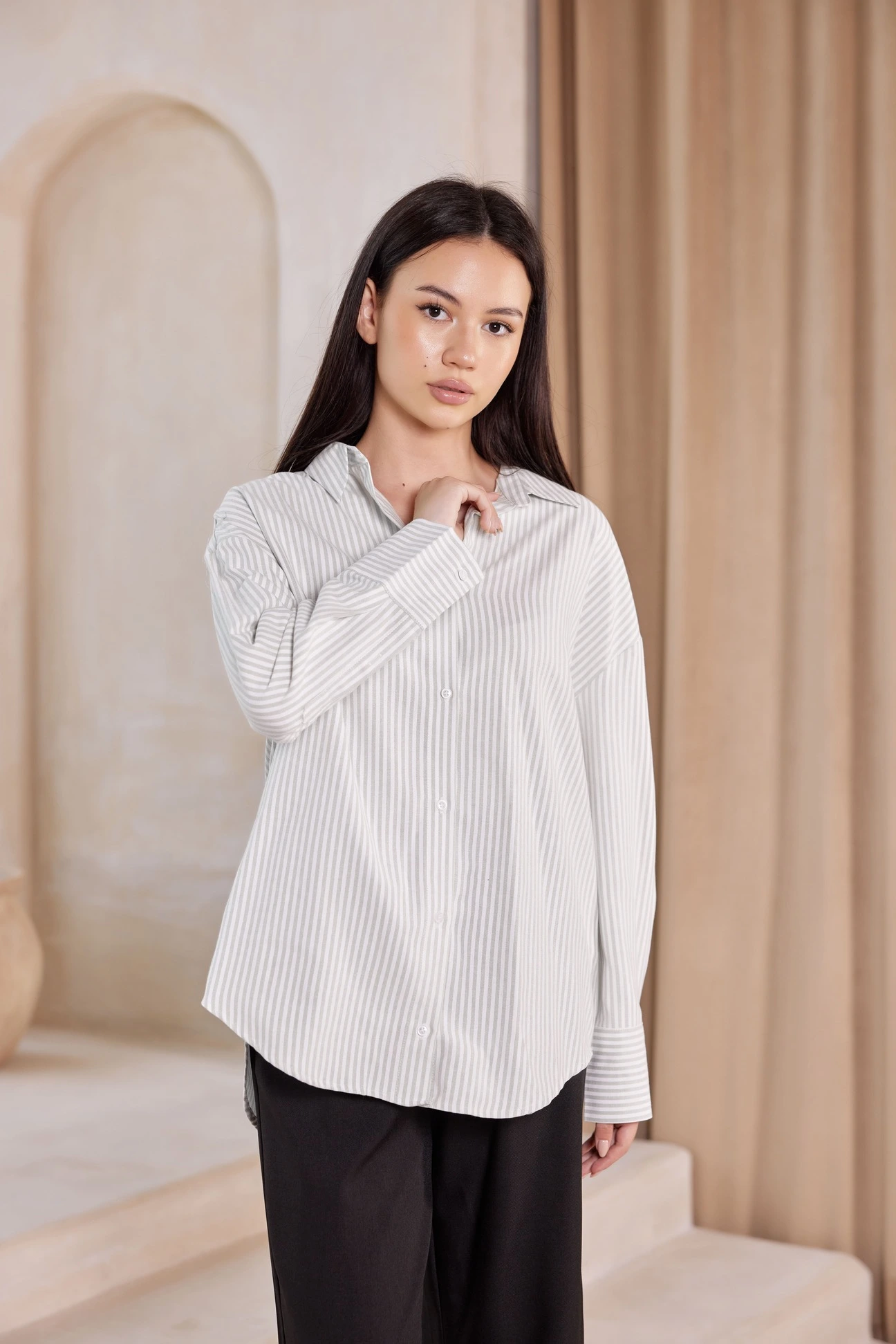 Рубашка бело-зеленая полоска для женщин 42255-52 66