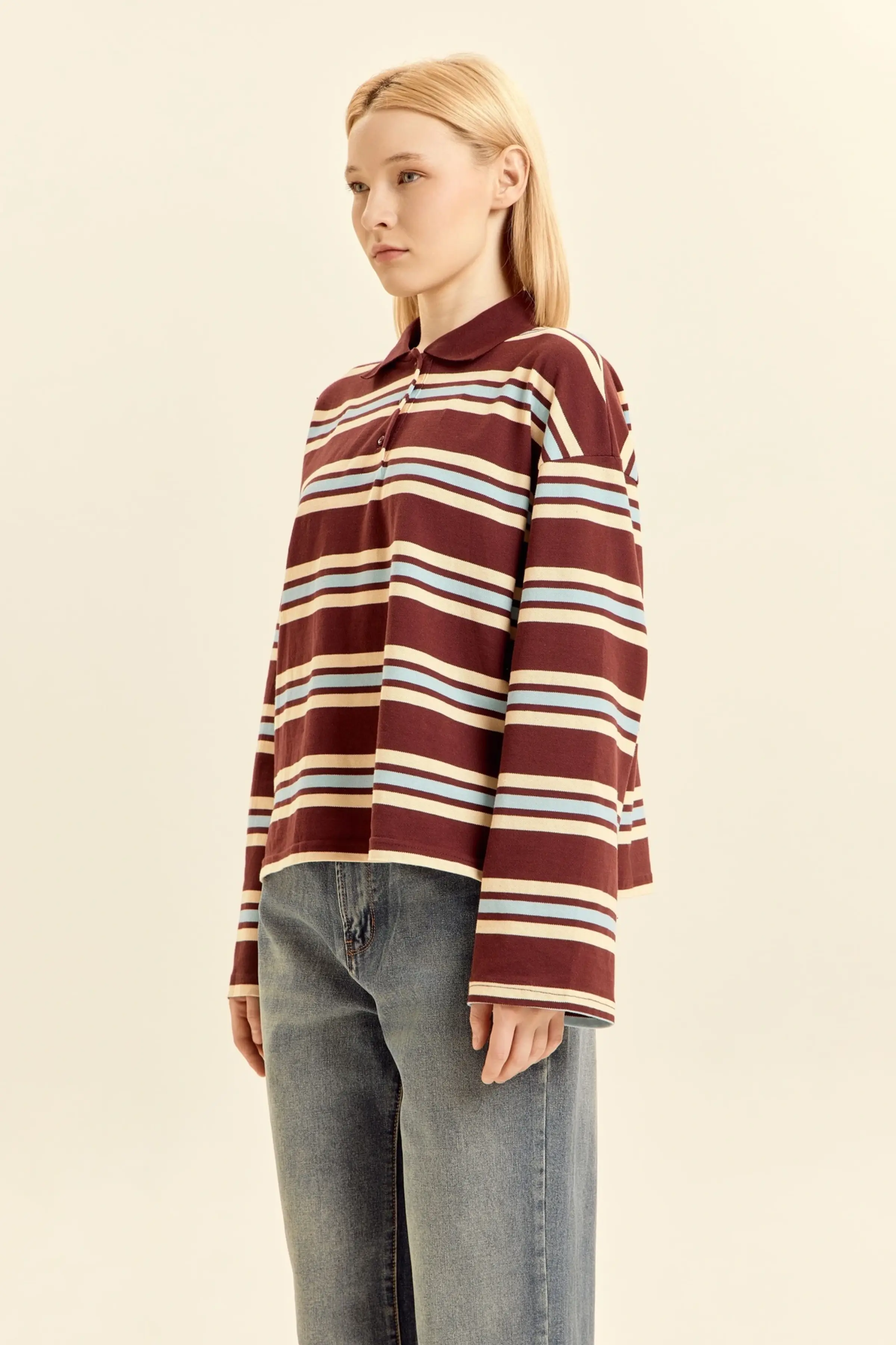 Лонгслив коричневый в голубую полоску для женщин 46276-294 59