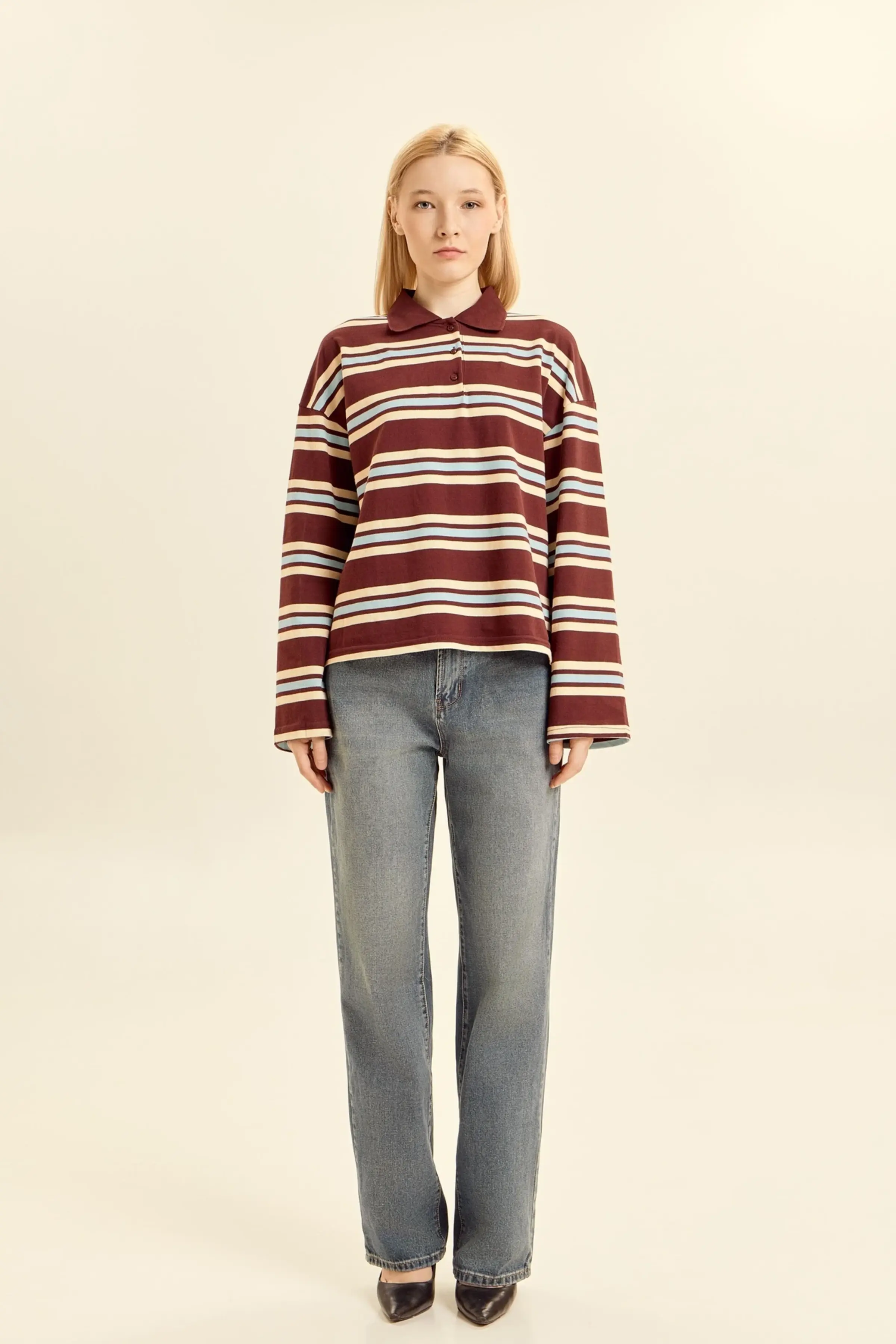 Лонгслив коричневый в голубую полоску для женщин 46276-294 59