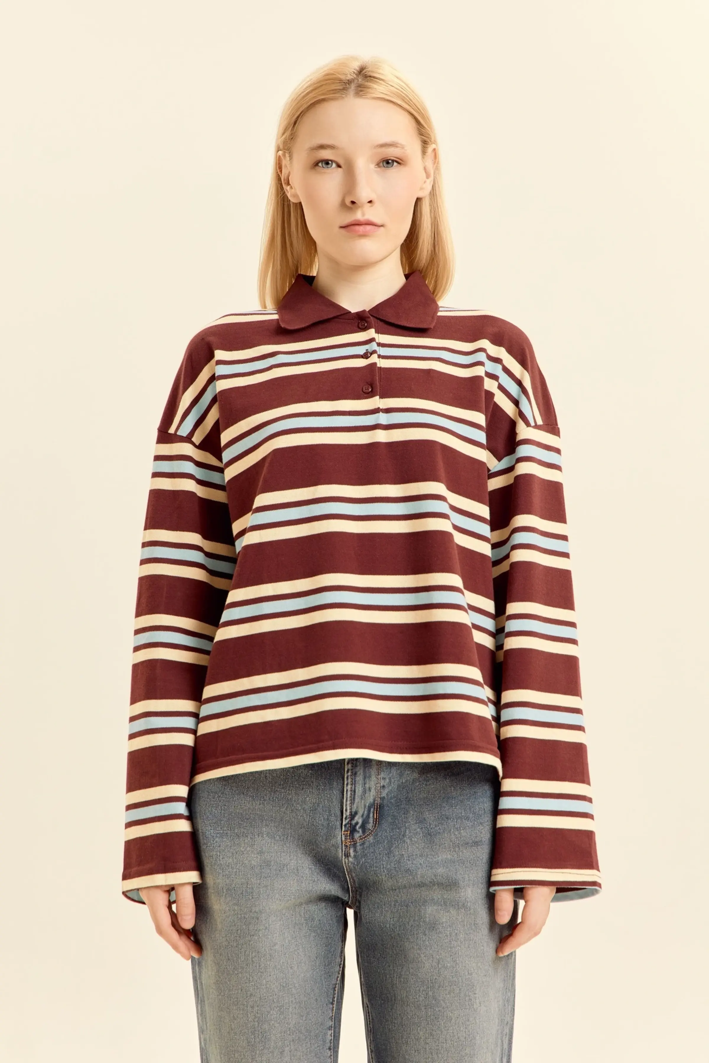 Лонгслив коричневый в голубую полоску для женщин 46276-294 59